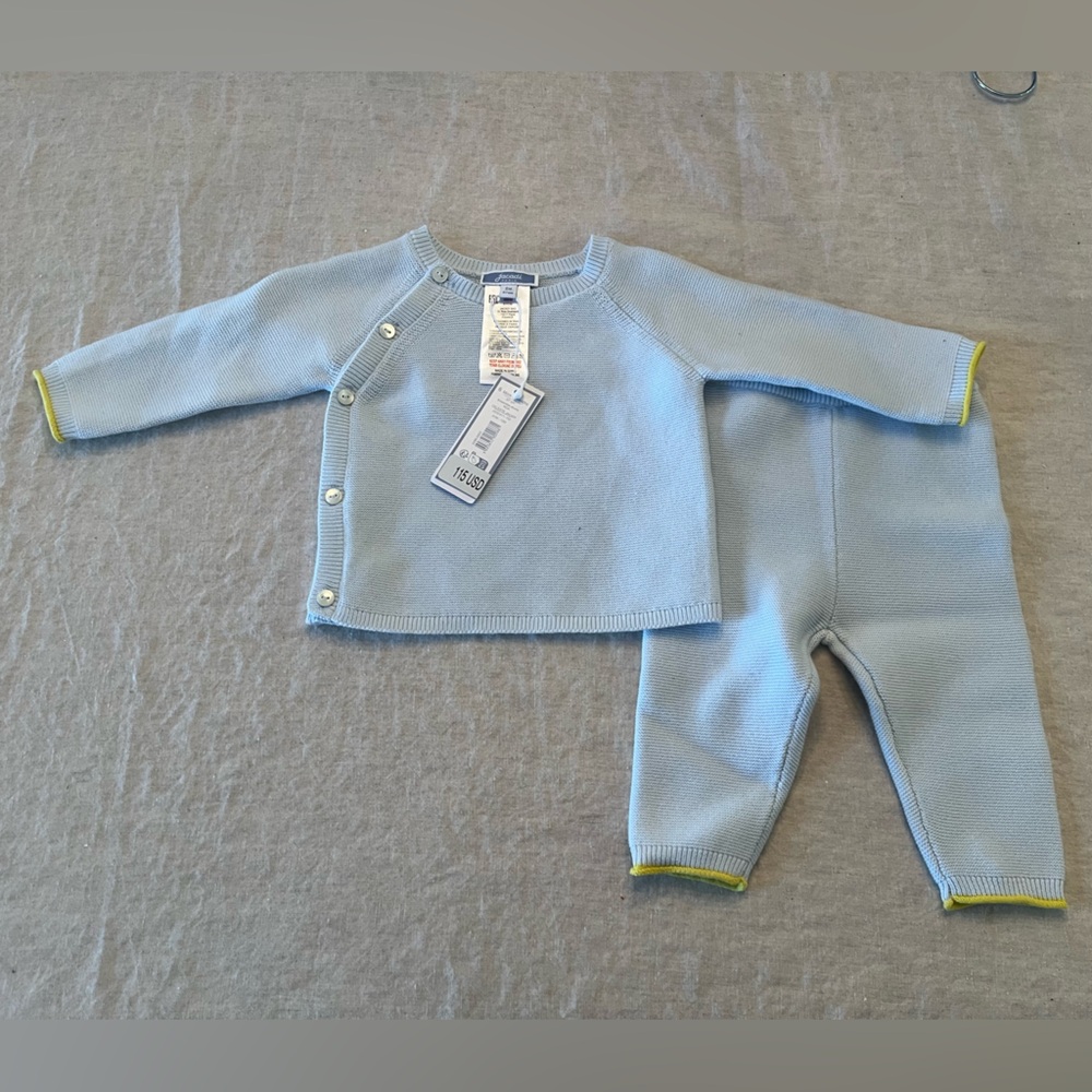 Jacadi cotton baby knit set 6m light blue and yellow.